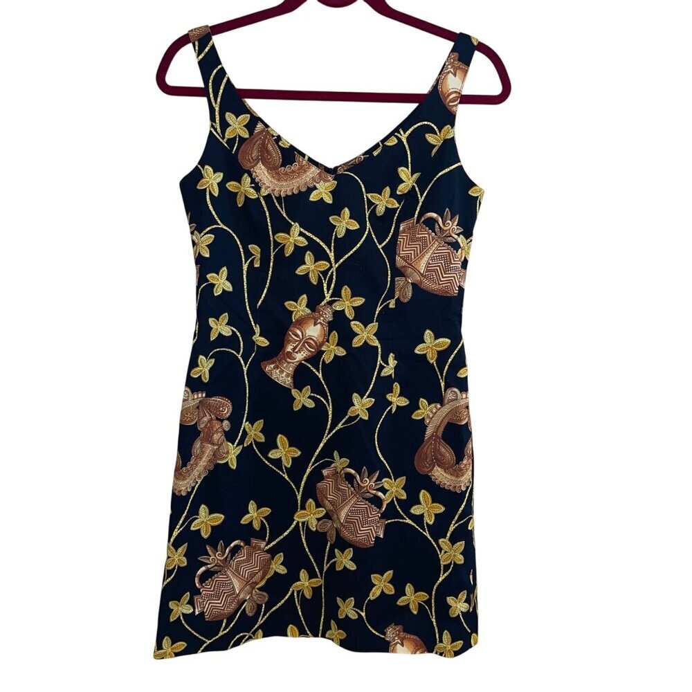 Escada By Margaretha Vintage 90s Womens Dress Size 34 Black African Mask Print
